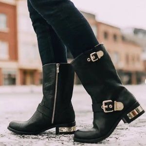 Vince Camuto Moto Black Leather Boots with gold accents